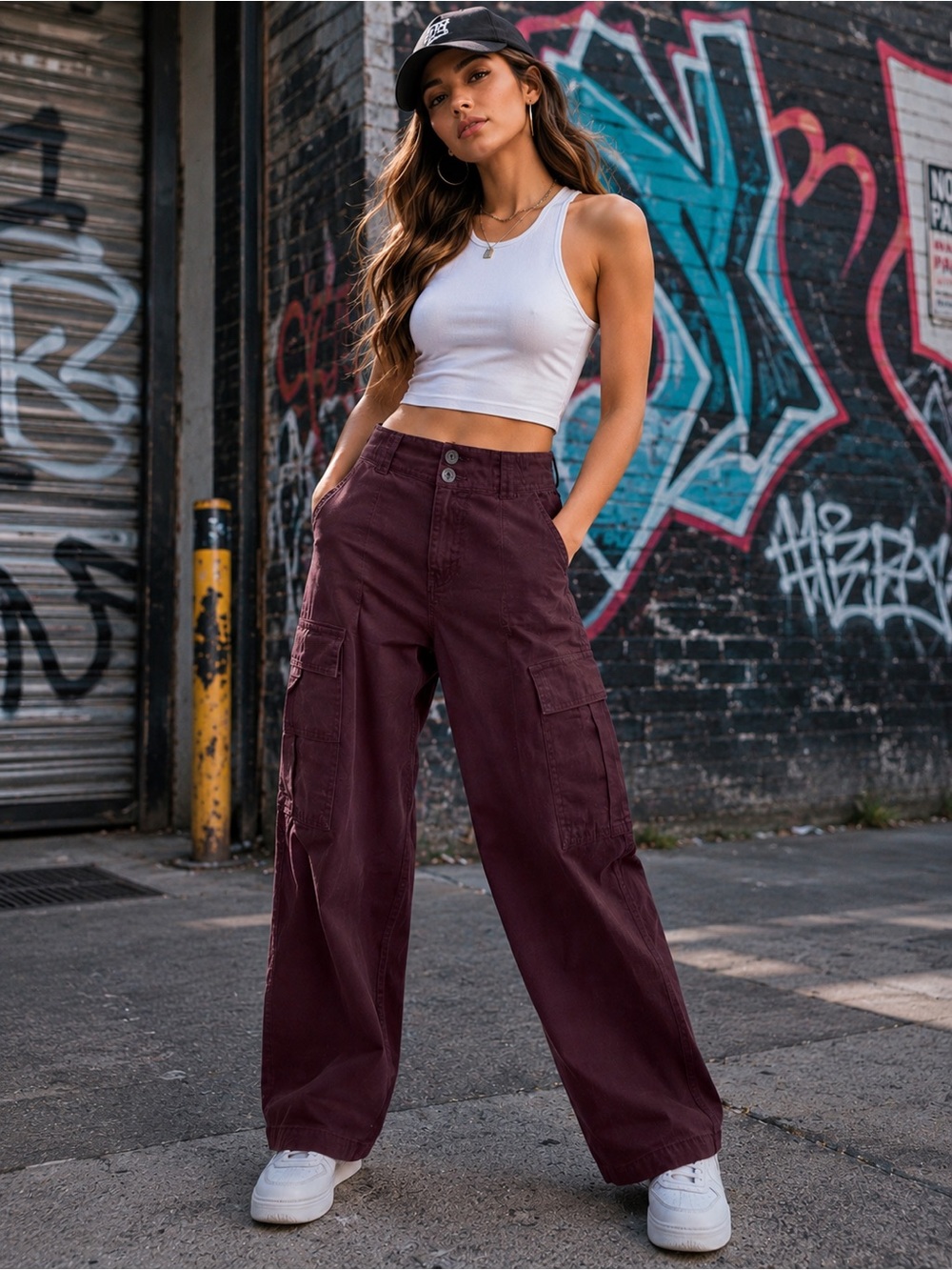 WallFlower Women’s Medium Burgundy Wide Leg Cargo Pants Stretch Utility Y2K - Picture 1 of 10